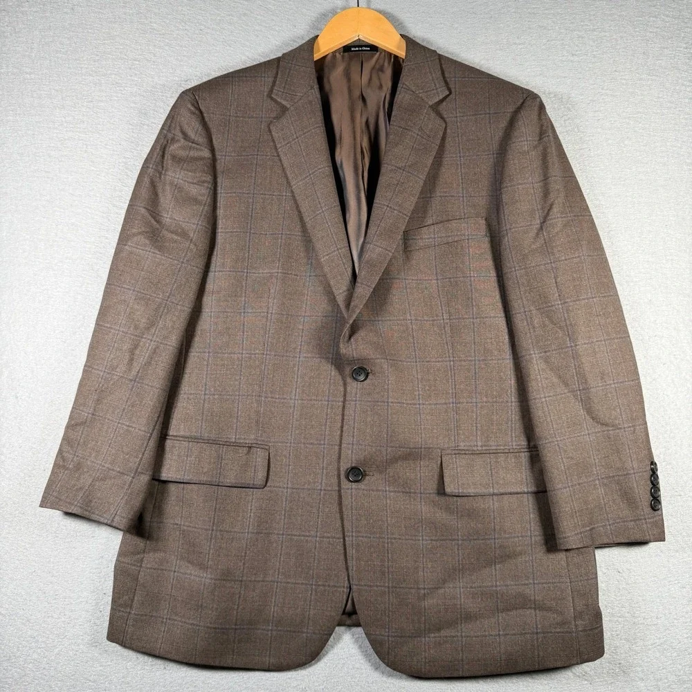 Joseph & Feiss Gold Men 44R Brown Windowpane 100% Wool Classic Fit Blazer Jacket